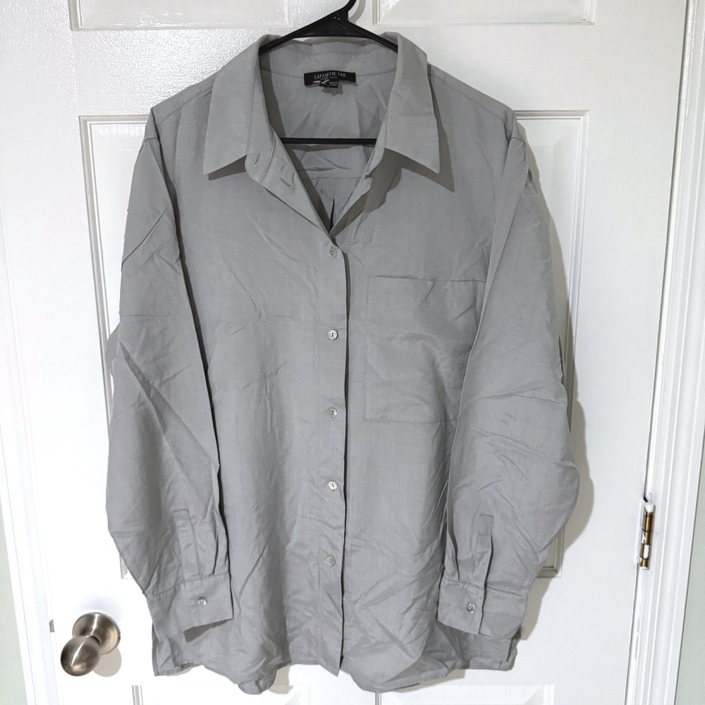 Lafayette 148 New York Grey 100% Silk Button Down Shirt XL FAB#1R64